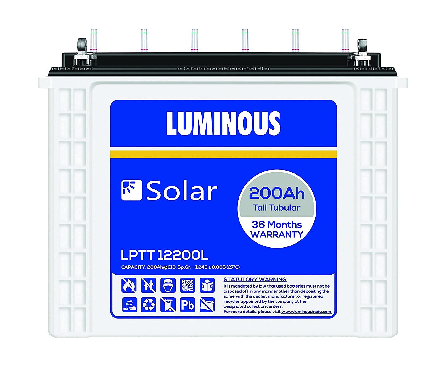 Luminous Solar LPTT12200L 200 Ah Tall Tubular Inverter Battery for Home, Office Shop