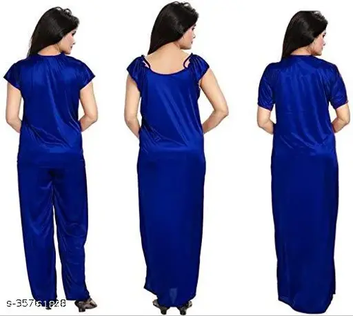 OVIDA Women Satin Solid Maxi Nighty Top And Pajam With Robe, (Royal Blue)