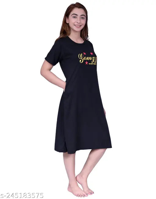 TRUE TRADERS Womenand Girl Printed Long T-Shirt Nighty, Night Dress, Nightwear, Pack of 2 (Black; Maroon)